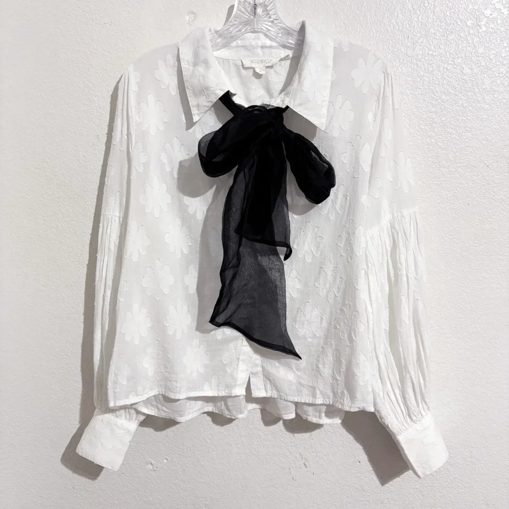 Anthropologie Forever That Girl Tie-Neck Long Sleeve Blouse in White & Black - Picture 6 of 11